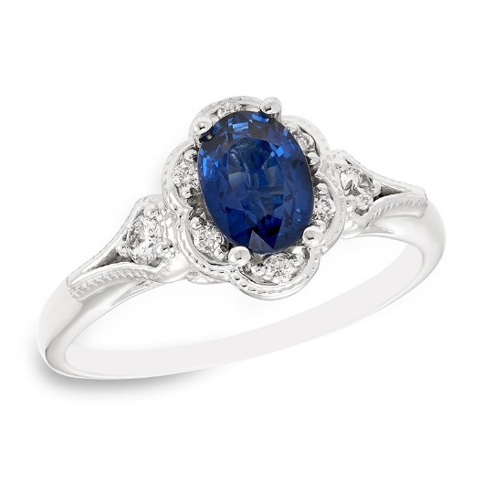 Victor - #W3212KGSW (Photo) Heirloom Elegance: Beatrice 14KT white gold, genuine sapphire and diamond engagement ring, 1/5 CT TW