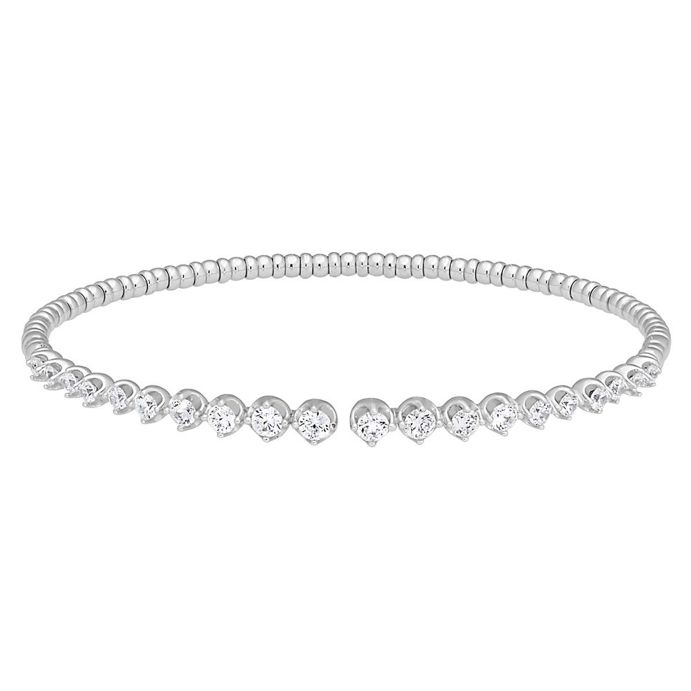 Platinum Finish Sterling Silver Open Top Flexible Bracelet with Graduated Simulated Diamonds