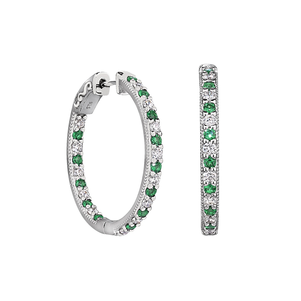 Platinum Finish Sterling Silver Micropave Hoop Earrings with Simulated Emeralds and Simulated Diamonds