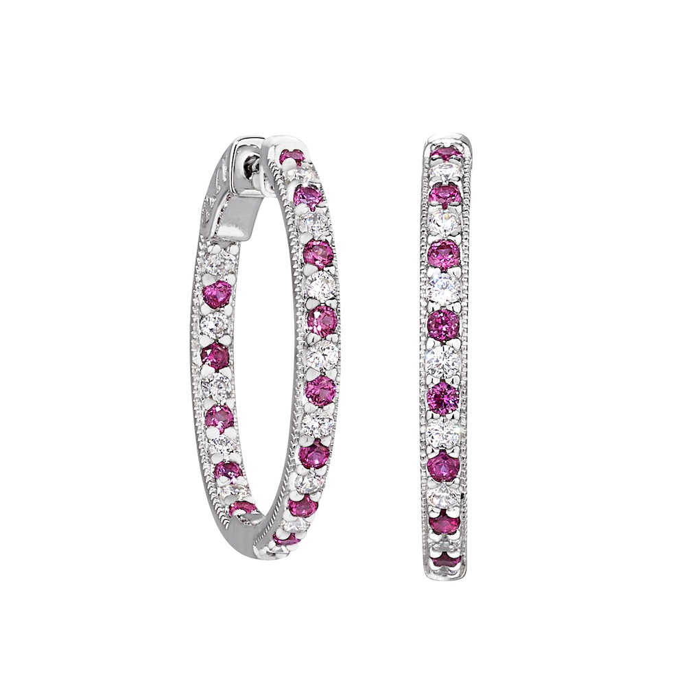 Platinum Finish Sterling Silver Micropave Hoop Earrings with Simulated Rubies and Simulated Diamonds