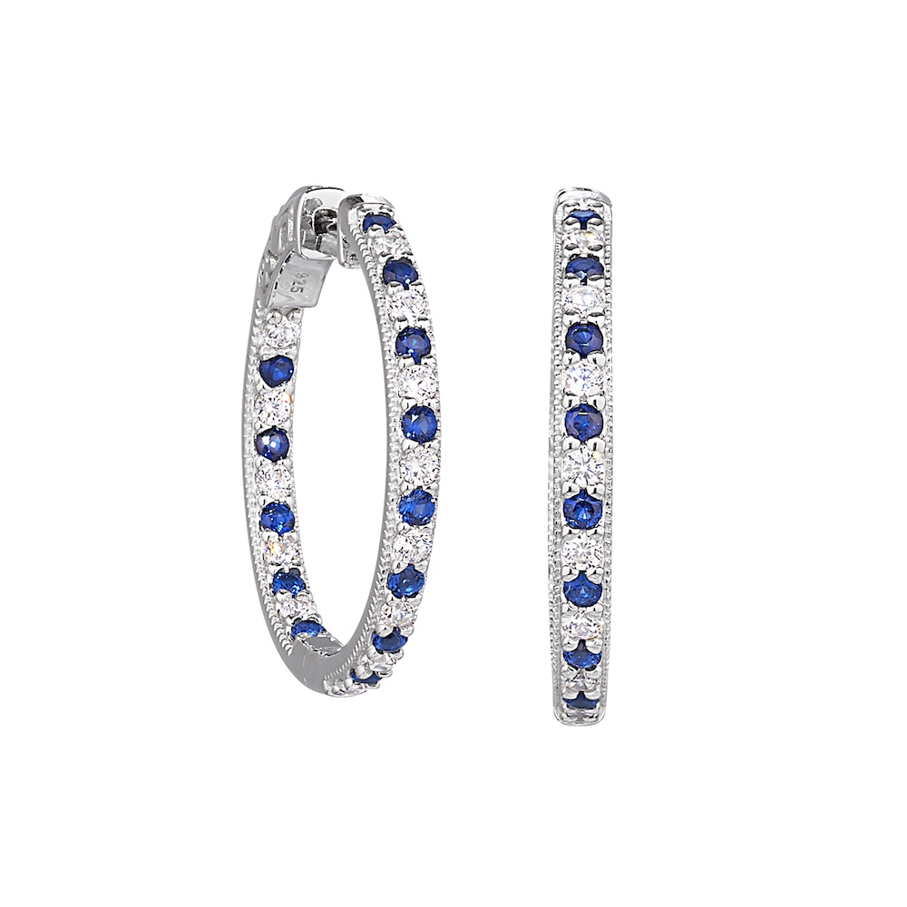 Platinum Finish Sterling Silver Micropave Hoop Earrings with Simulated Sapphires and Simulated Diamonds