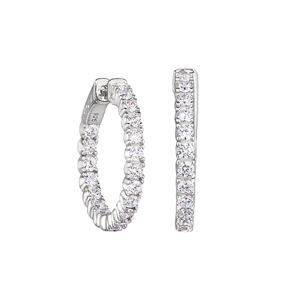 Platinum Finish Sterling Silver Micropave 2.5 Hoop Earrings with Simulated Diamonds
