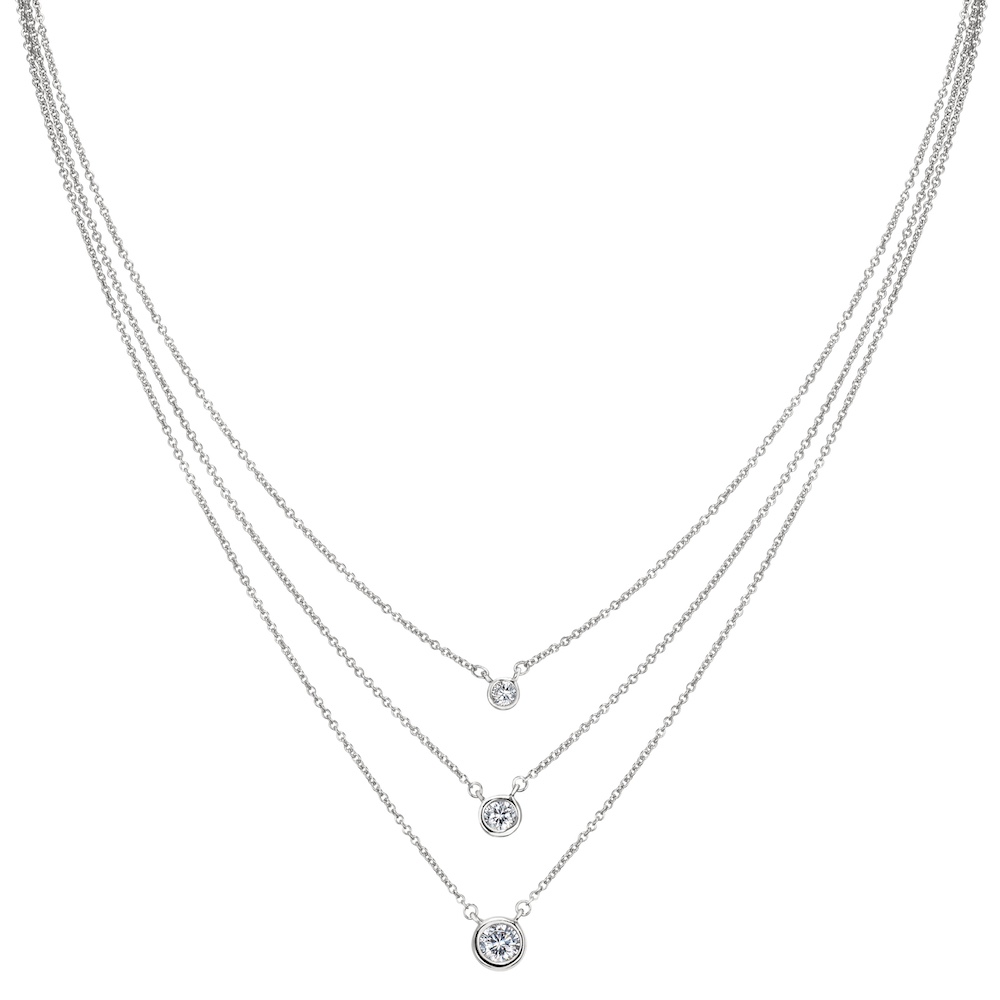 Platinum Finish Sterling Silver Micro pave 3 Chain Layered Necklace HL Art Jewelers
