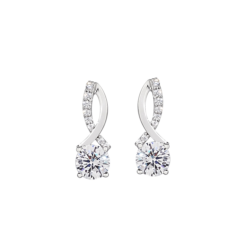Platinum Finish Sterling Silver Micropave Simulated Diamond Ribbon Earrings with a Round Solitaire Simulated Diamond