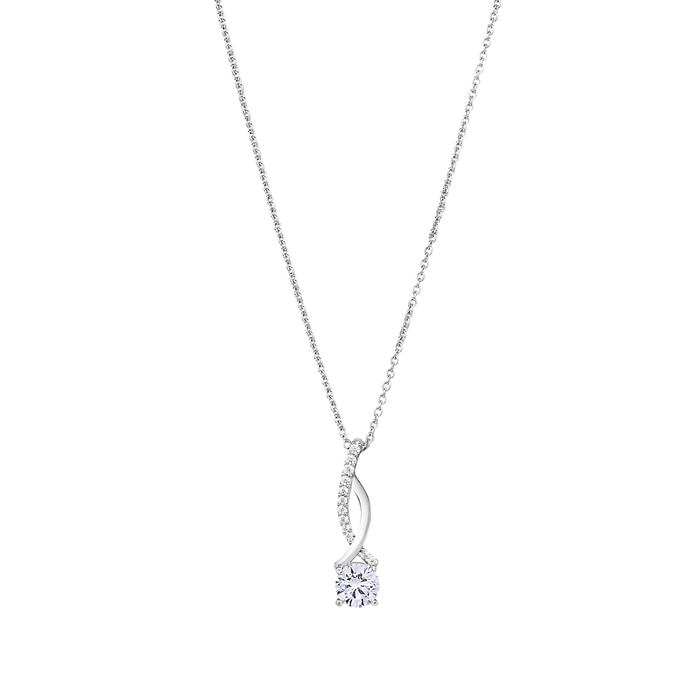 Platinum Finish Sterling Silver Micropave Simulated Diamond Ribbon Pendant with a Round Solitaire Simulated Diamond on 16" - 18" Adjustable Chain