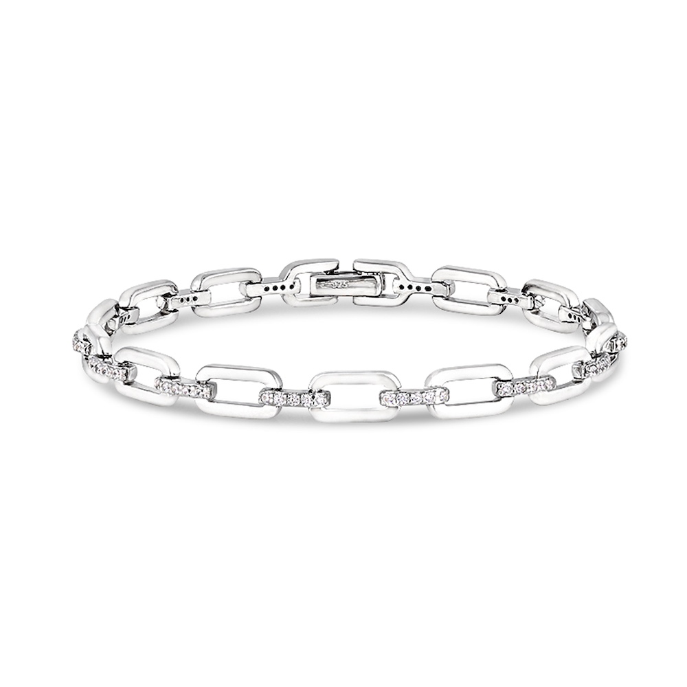 Platinum Finish Sterling Silver Micropave Open Links Bracelet with Simulated Diamonds 7.5"