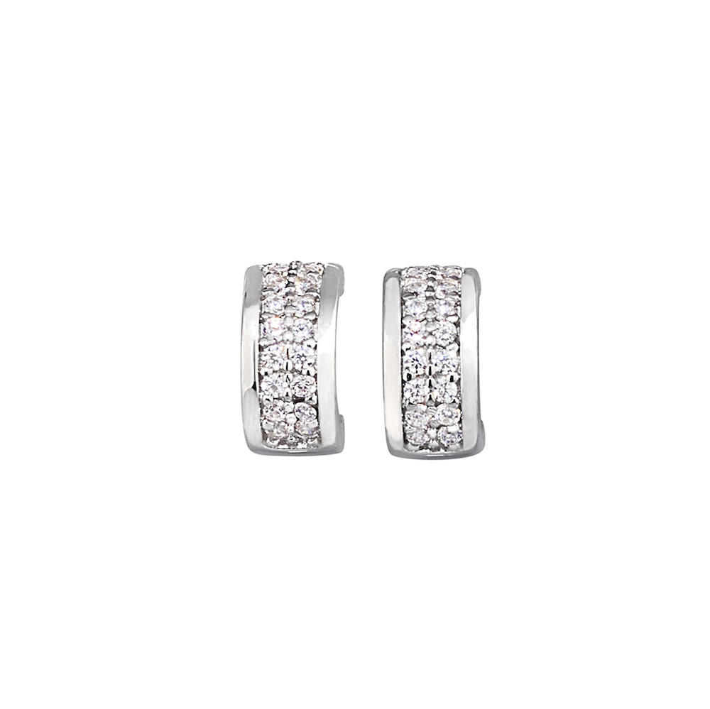 Platinum Finish Sterling Silver Micropave Huggie Earrings with 2 rows of Simulated Diamonds
