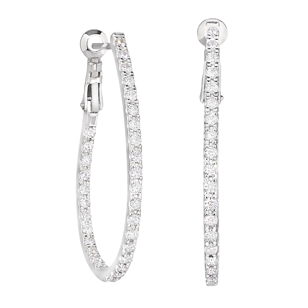 Platinum Finish Sterling Silver Micropave 1.75 Teardrop Hoop Earrings with Simulated Diamonds