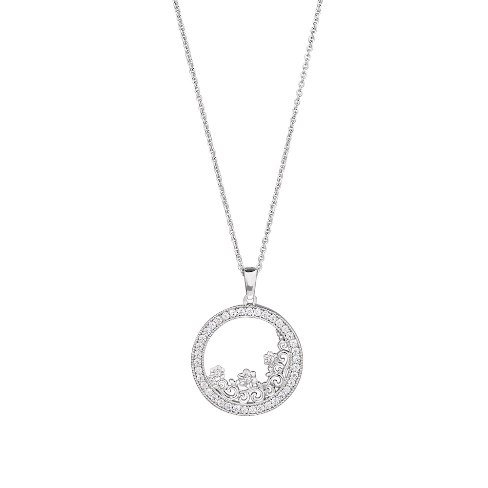 Platinum Finish Sterling Silver Micropave Round Pendant With Simulated Diamonds Inside on the Bottom and Around the Circle on 16" - 18" Adjustable Chain