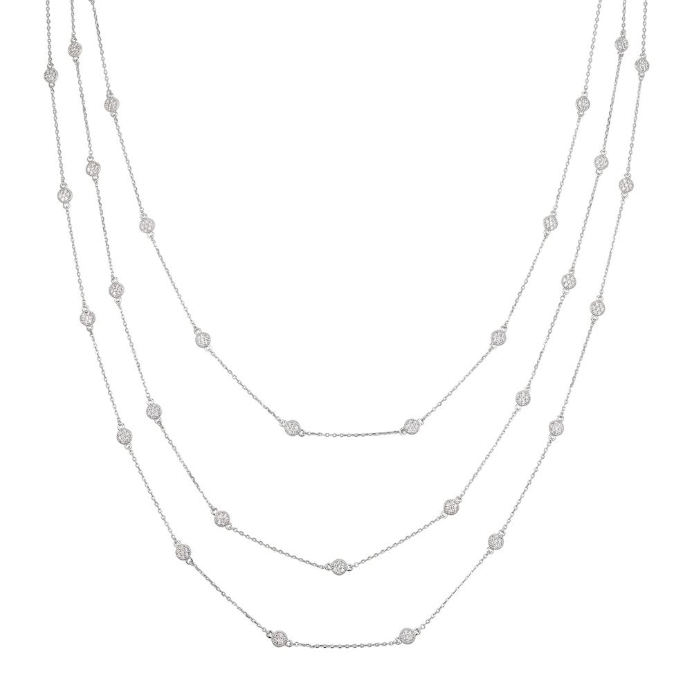 Platinum Finish Sterling Silver Micropave 3 Chain Layered Tin Cup Necklace with Simulated Diamonds on 16" - 18" Adjustable Chain