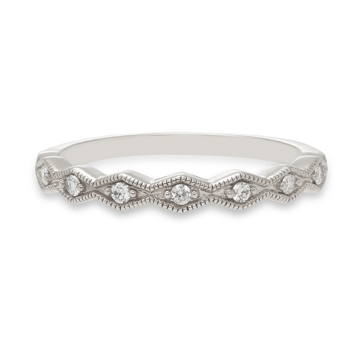 STACKABLES 14KT White Gold Band with a Diamond-Shaped Pattern and Round Diamonds: 0.10 CTTW