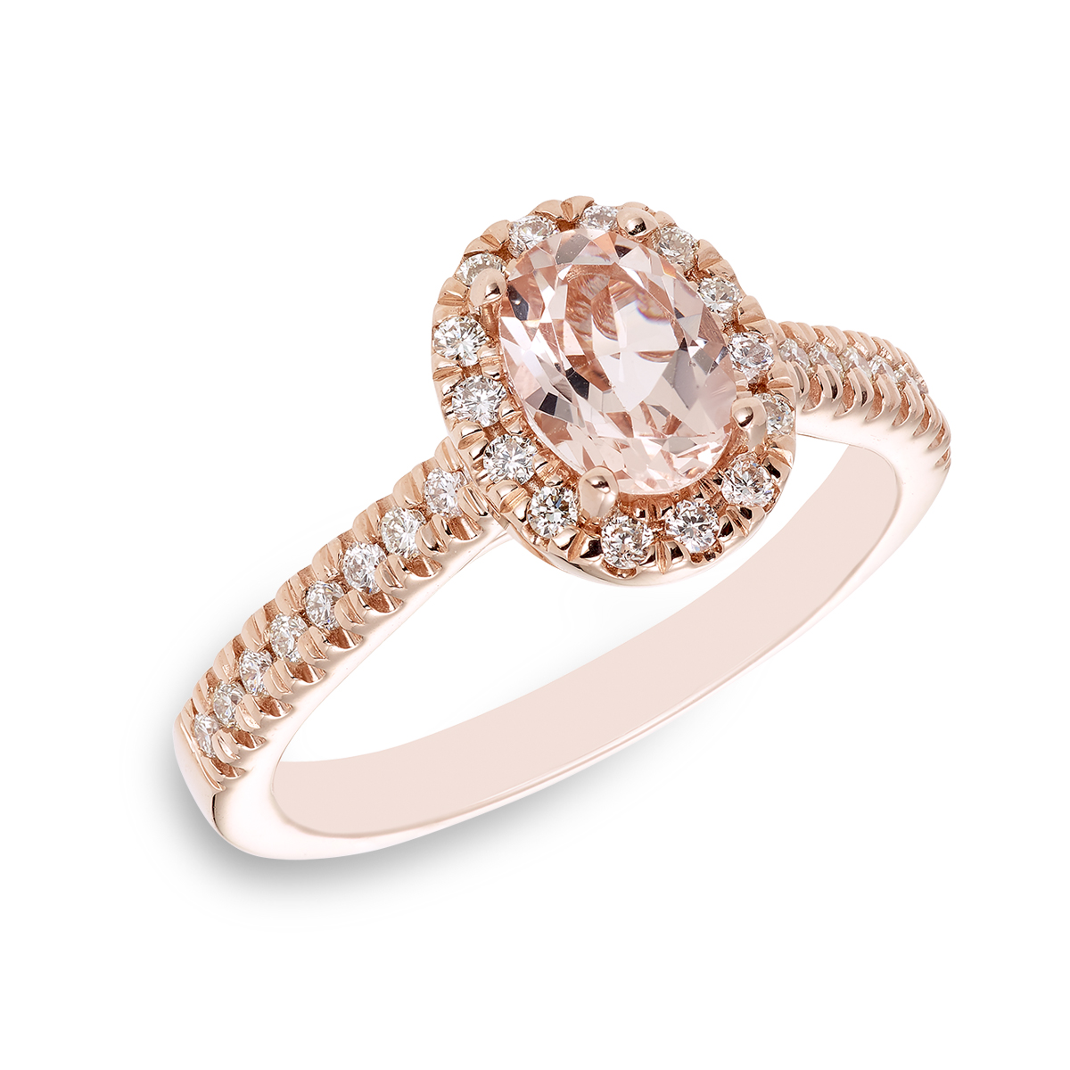 10KT Rose Gold, Oval Morganite and Diamond Halo Ring