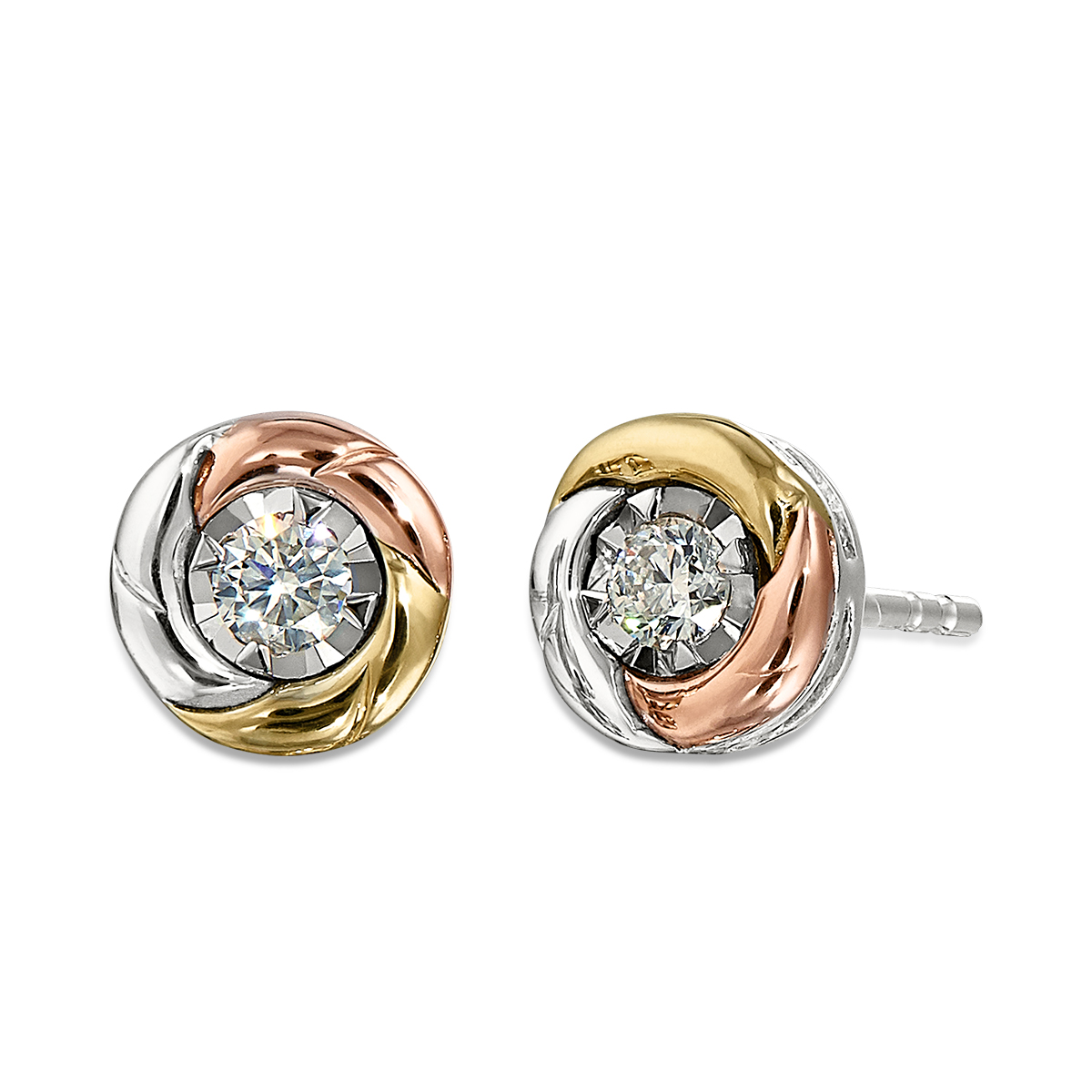 10KT Tri-Color Gold Diamond Circle Stud Earrings: 0.16 CTTW Diamonds