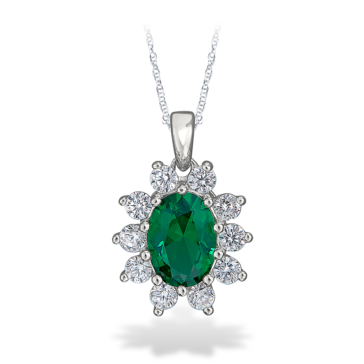 Sterling Silver, Cubic Zirconia, and Synthetic Emerald Oval Fashion Pendant