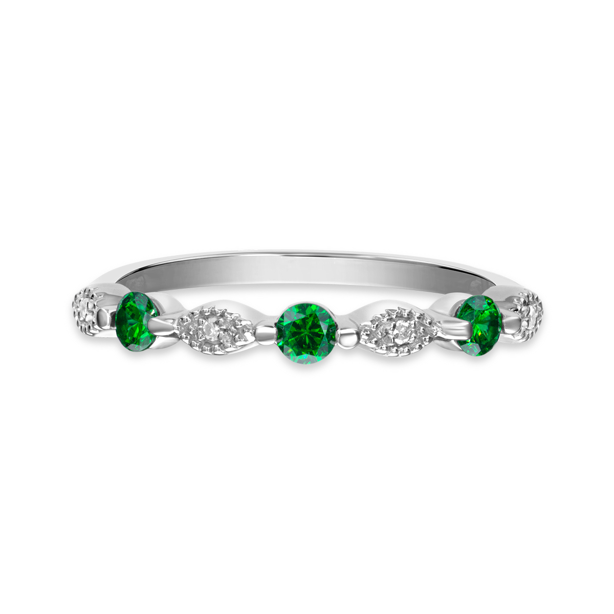 Sterling Silver, Diamond and Synthetic Emerald Stackable Band