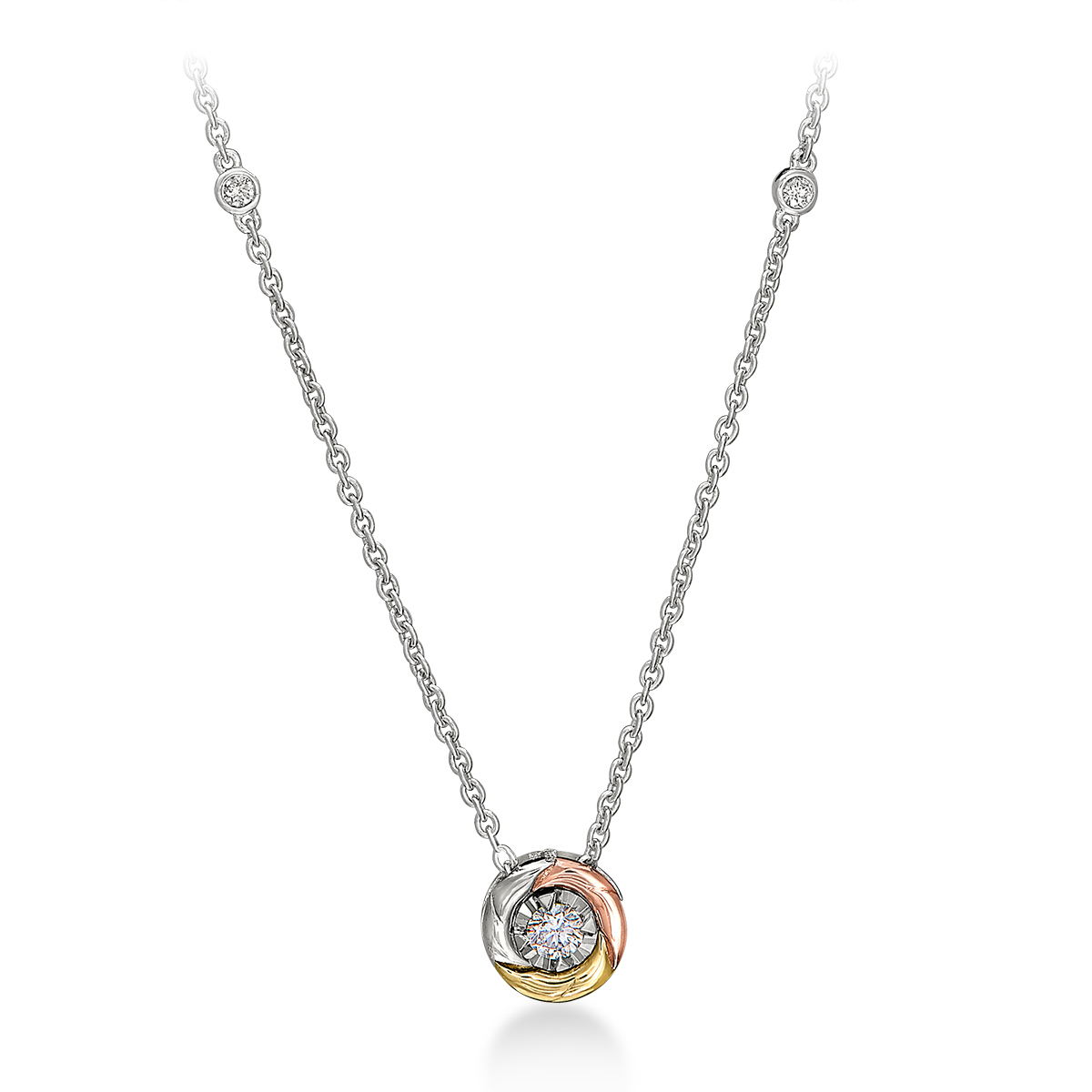 Tri-tone Gold Round Diamond Illusion Necklace with Accent Diamonds on Chain: 0.25 CTTW Diamond