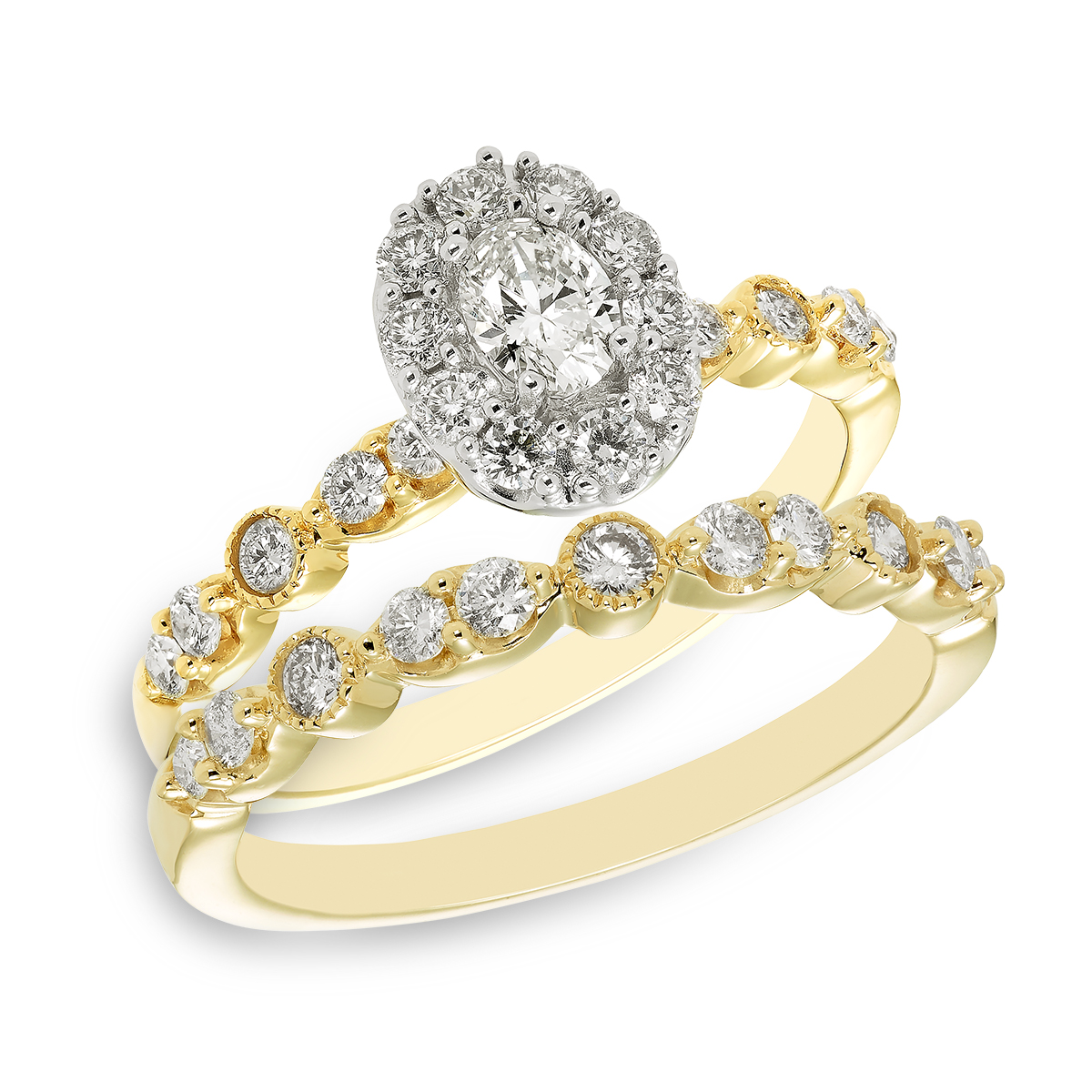 Heirloom Elegance Emily, 14KT Yellow Gold Oval Halo Bridal Set: 1 CTTW