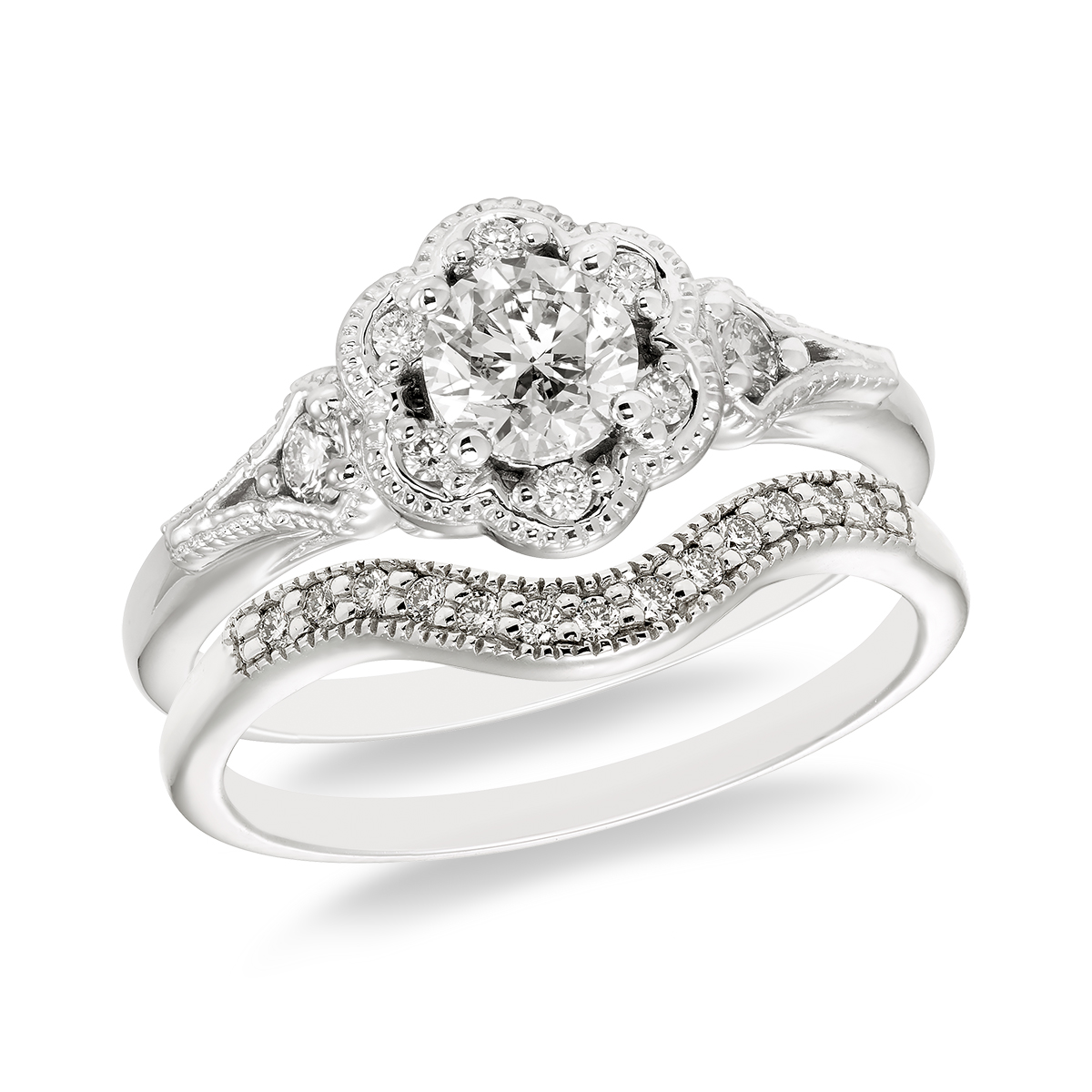 Heirloom Elegance Eva, 14KT Gold and Round Diamond Bridal Set: 7/8 CTTW