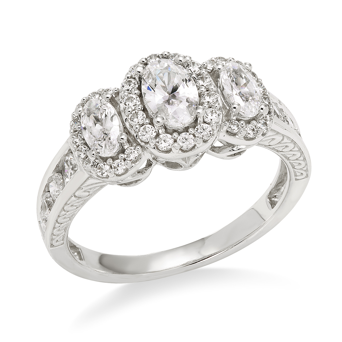 14KT White Gold, 3-Stone Oval Diamond Halo Ring: 1.62 CTTW
