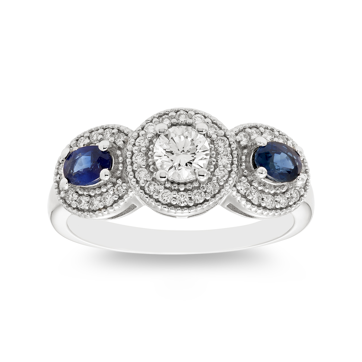 14KT White Gold, Genuine Oval Sapphire and Diamond Band: 0.75 CTTW