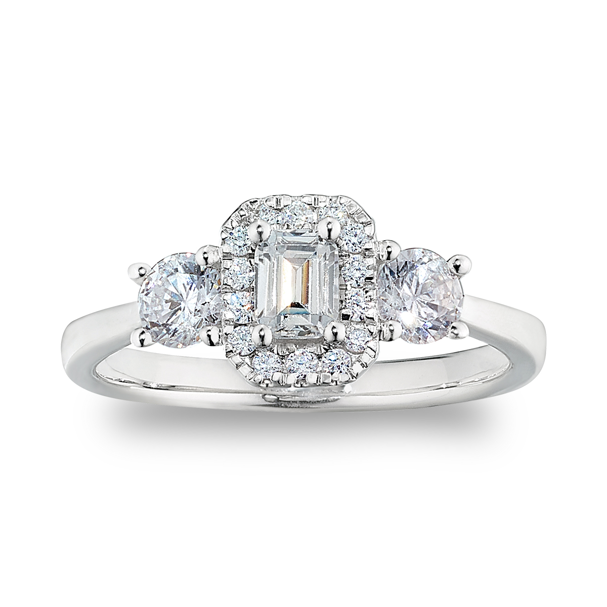Elaine: 14KT White Gold, 3-Stone, Emerald-Cut and Round Diamond Ring: 1 CTTW