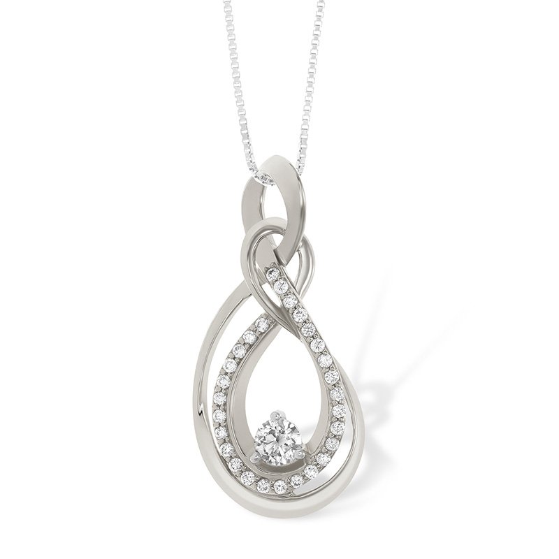 White Gold Teardrop Knot Diamond Pendant with Center Diamond: 0.37 CTTW Diamond