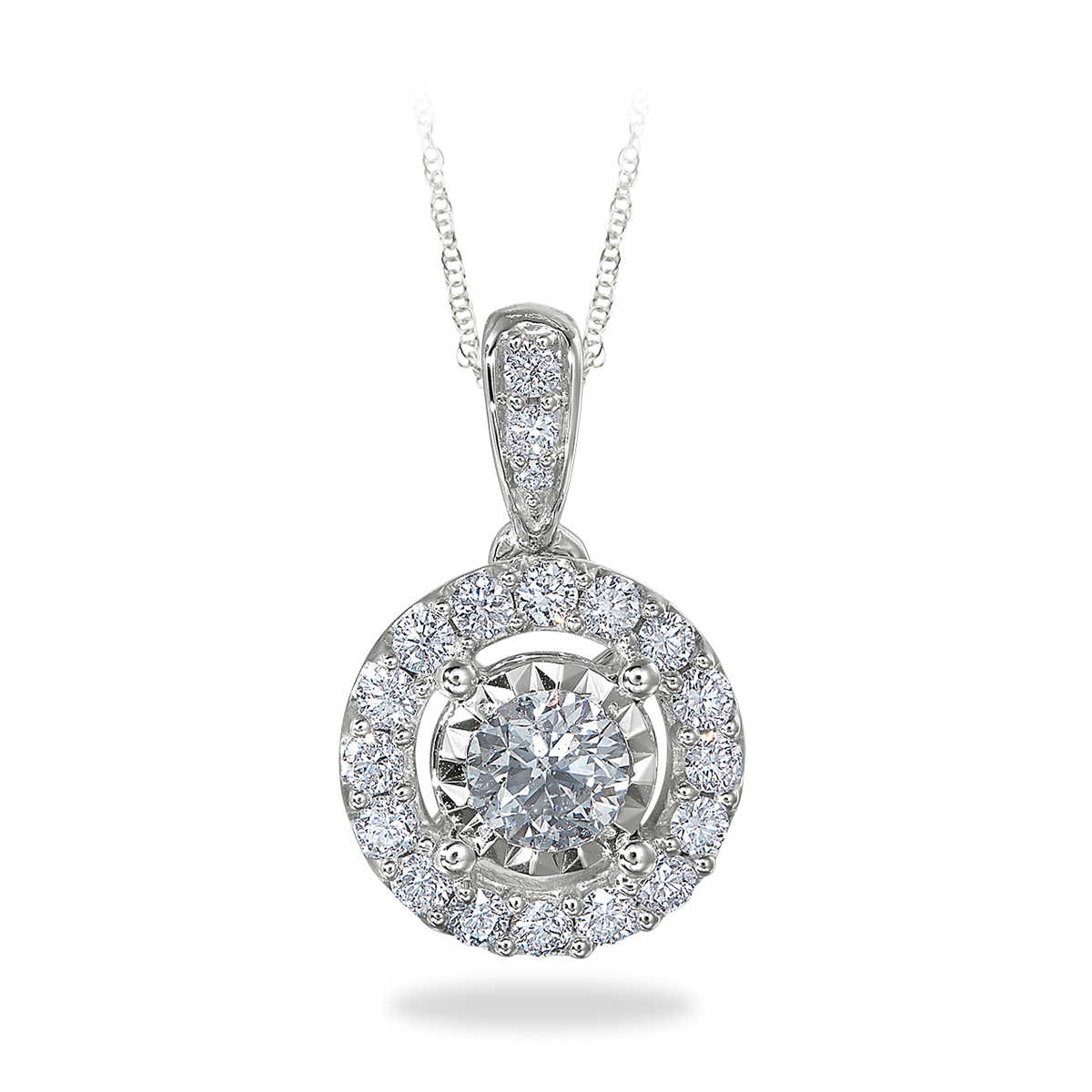 White Gold Round Diamond Halo Pendant: 0.75 CTTW Diamond