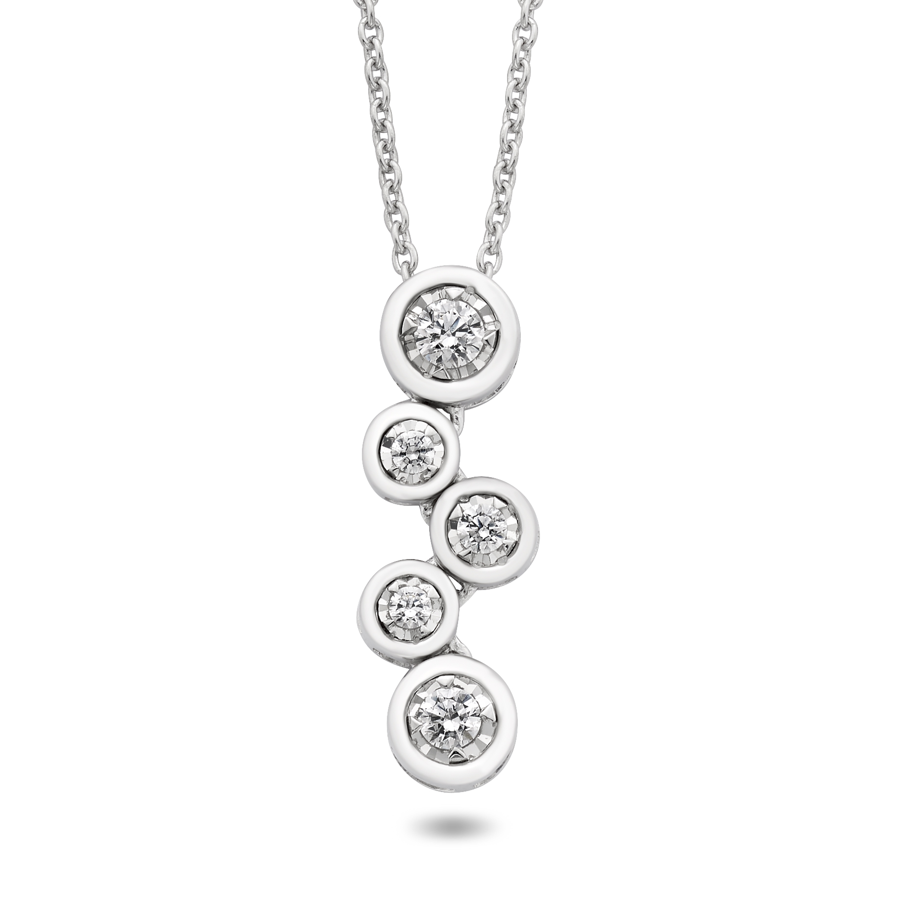 White Gold Diamond Drops Necklace with Accent Diamonds on Chain: 0.25 CTTW Diamond