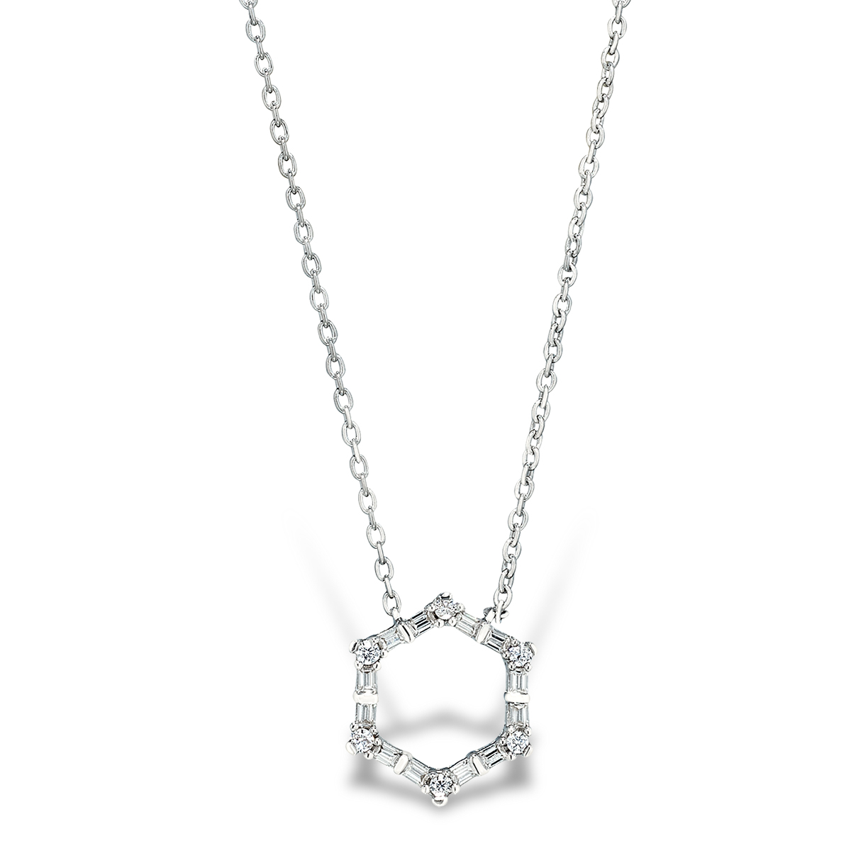 White Gold Hexagon-Shape Necklace with Accent Diamonds on Chain: 0.25 CTTW Diamond