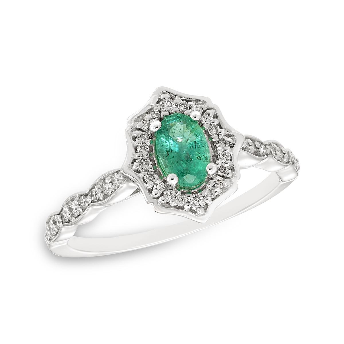 10KT White Gold, Oval Genuine Emerald and Diamond Vintage-Inspired Fashion Ring