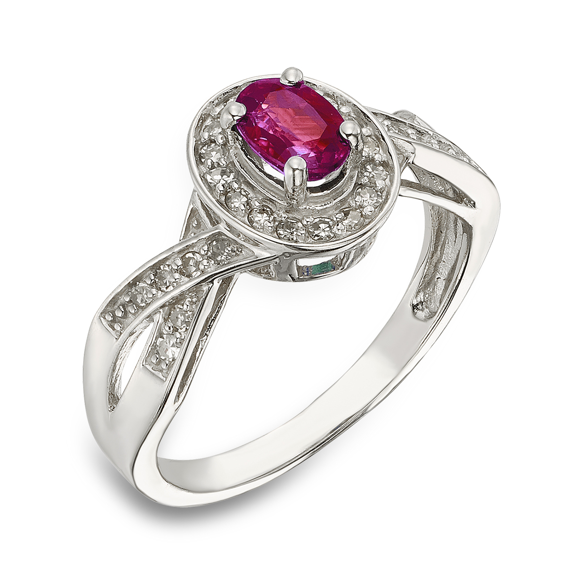 10KT White Gold, Oval Genuine Ruby and Diamond Halo Ring with Crossed Shank