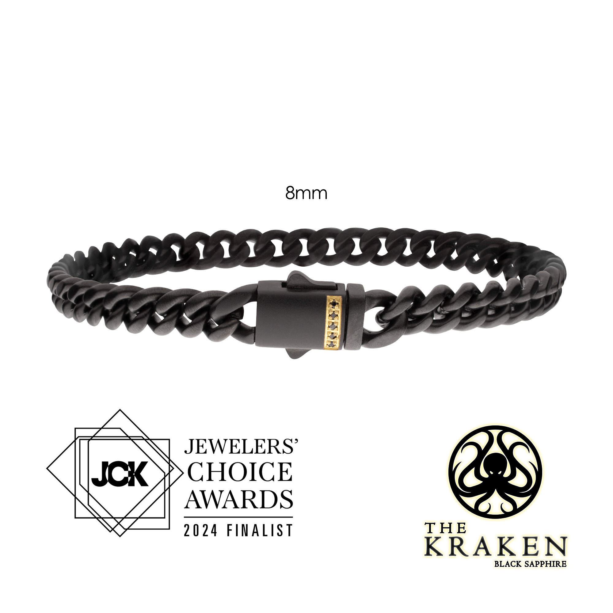 Men's 8mm Black IP Steel Matte Finish Miami Cuban Chain bracelet with Genuine Black Sapphire gems - Image 2