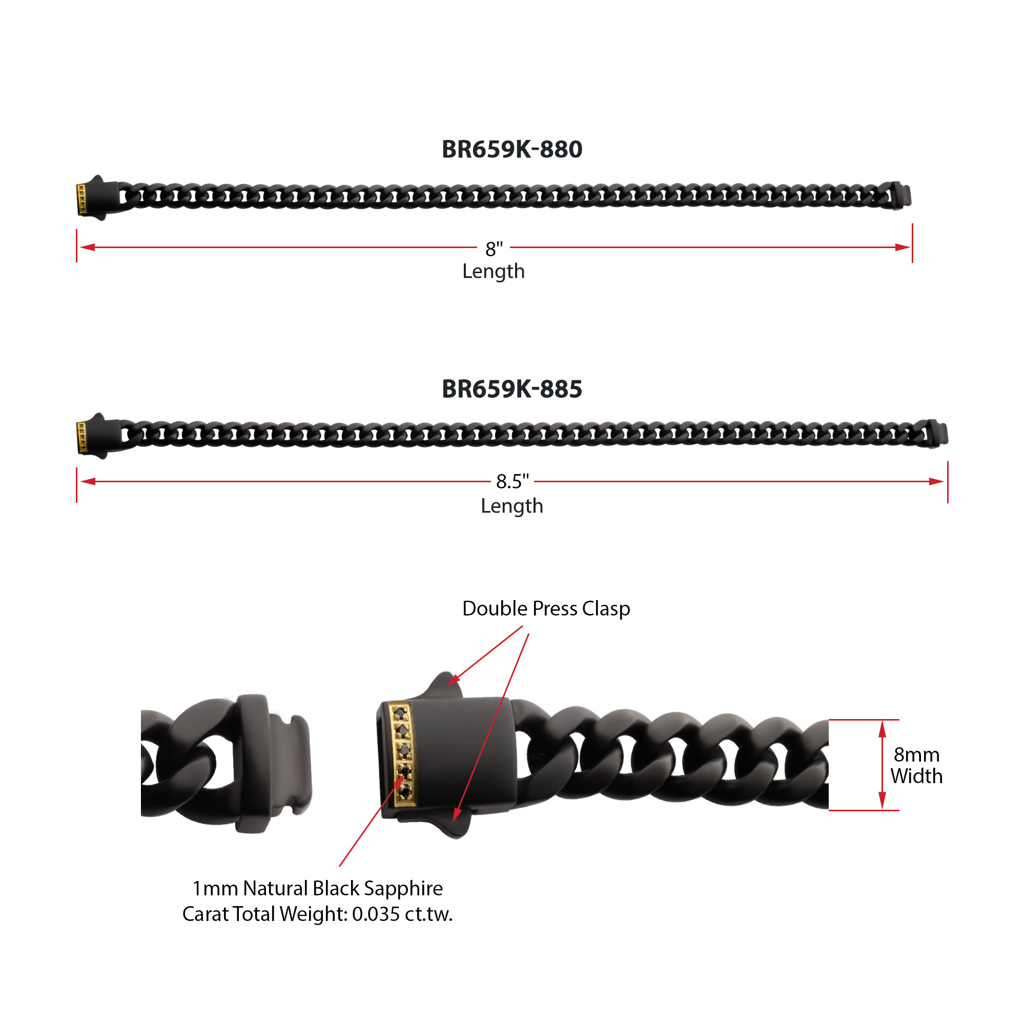 Men's 8mm Black IP Steel Matte Finish Miami Cuban Chain bracelet with Genuine Black Sapphire gems - Image 5