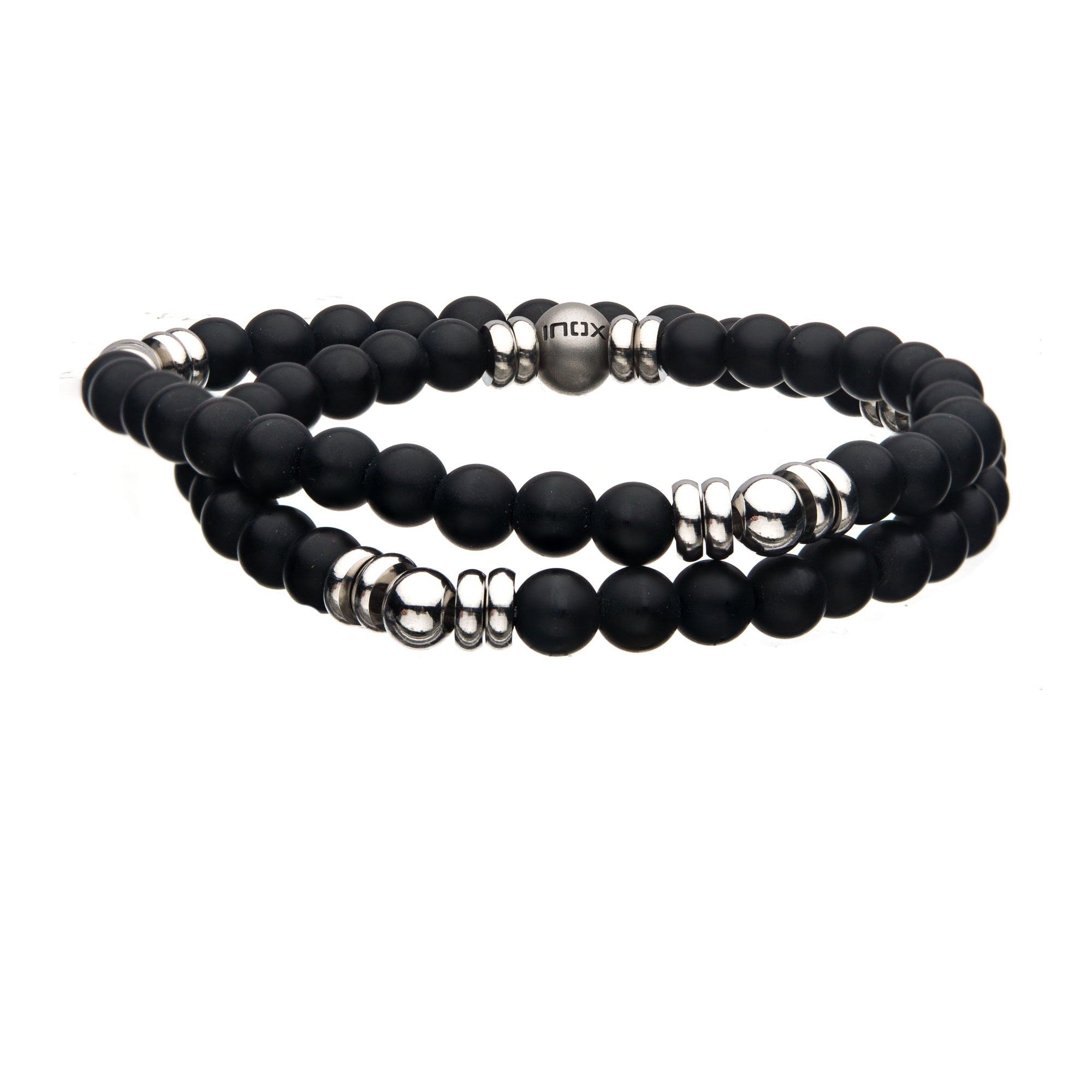 Men's Double Wrap 6mm Matte Onyx and Steel Bead Bracelet