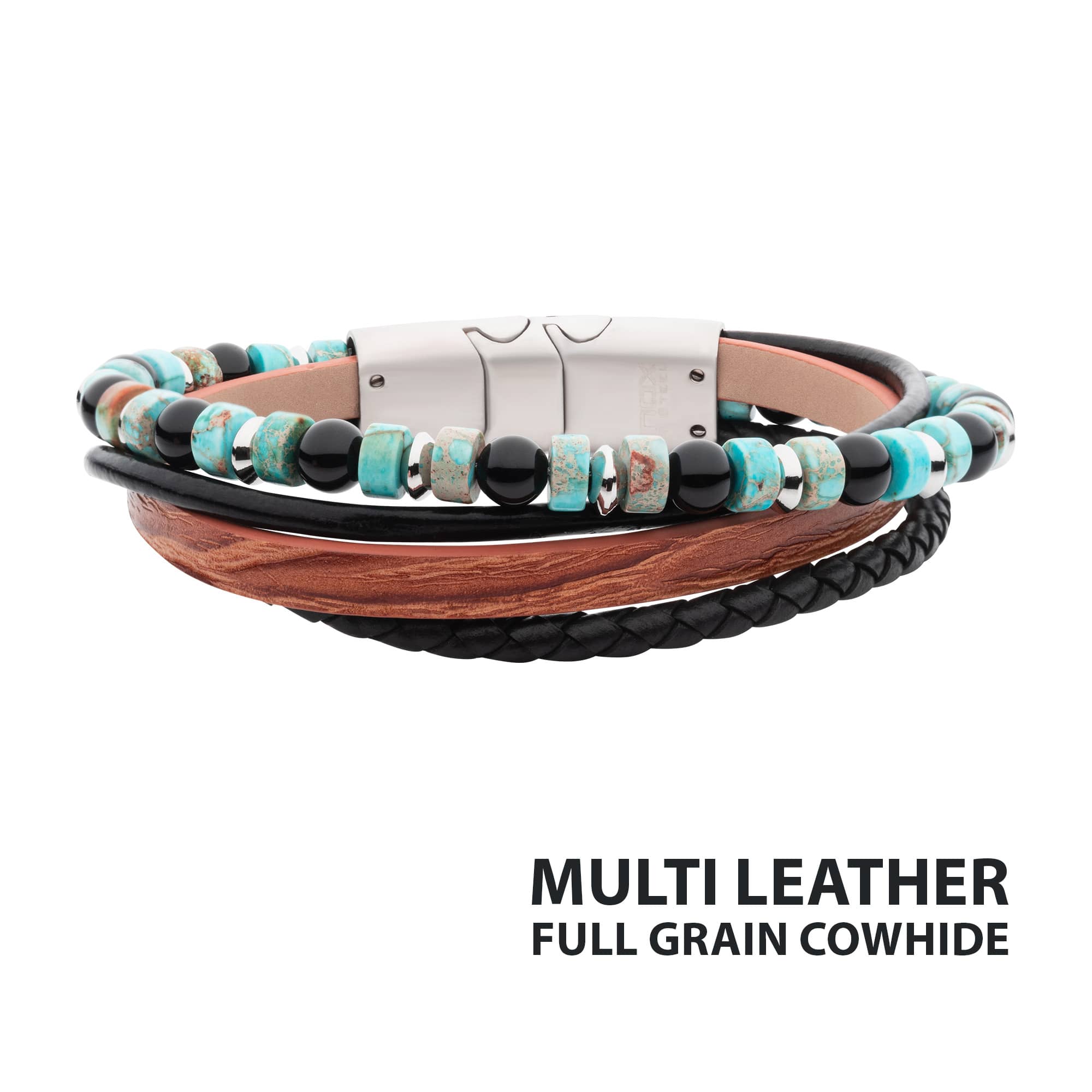Brown and Black Full Grain Cowhide Leather with Black Onyx and Green Emperor Stone Bead Multi-Strand Bracelet
