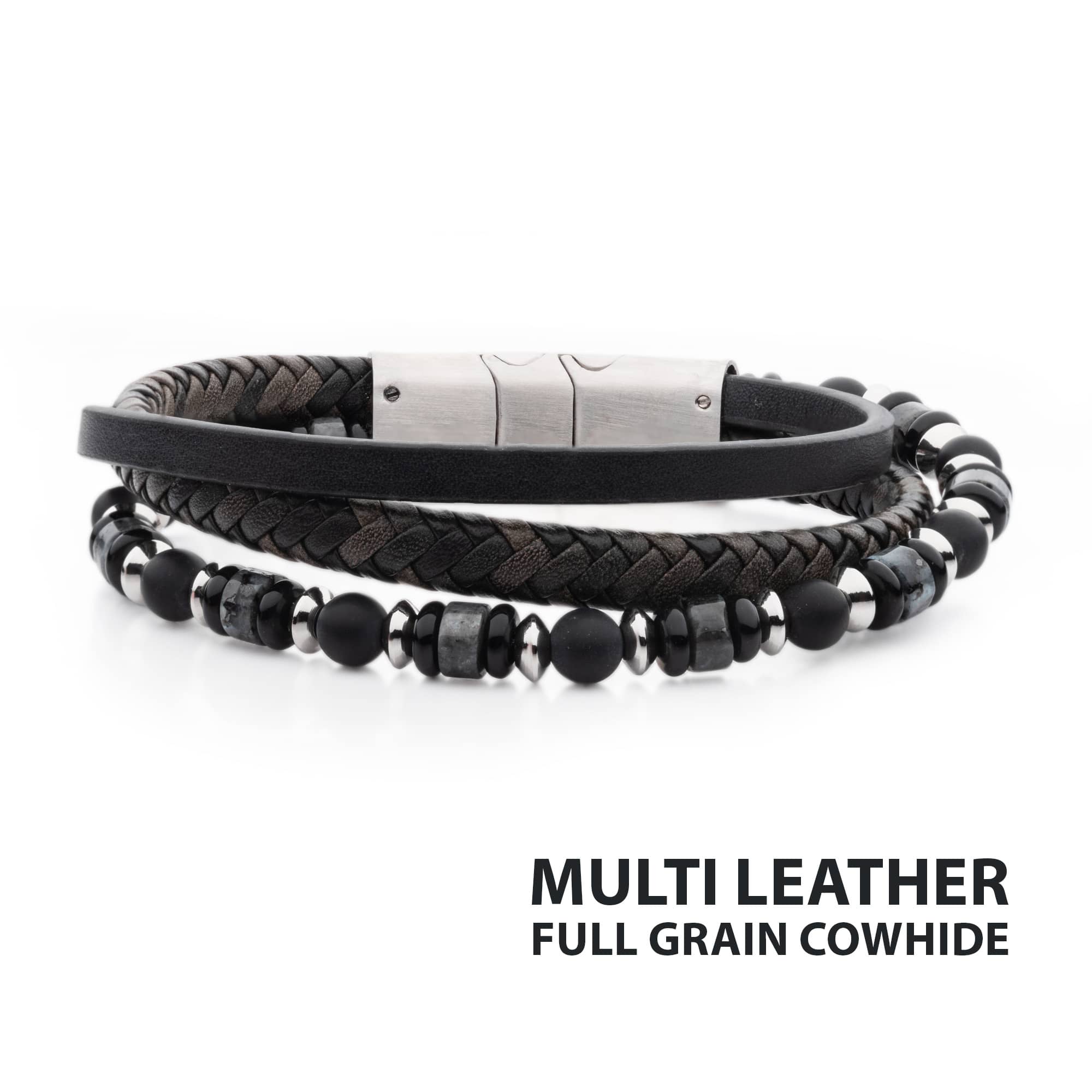 Black and Grey Full Grain Cowhide Leather with Black Onyx and White Howlite Stone Bead Multi-Strand Bracelet