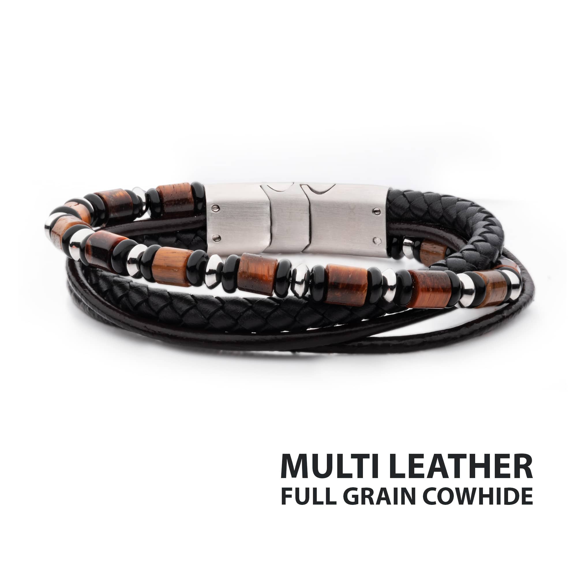 Black and Brown Full Grain Cowhide Leather with Black Onyx and Tiger's Eye Stone Bead Multi-Strand Bracelet