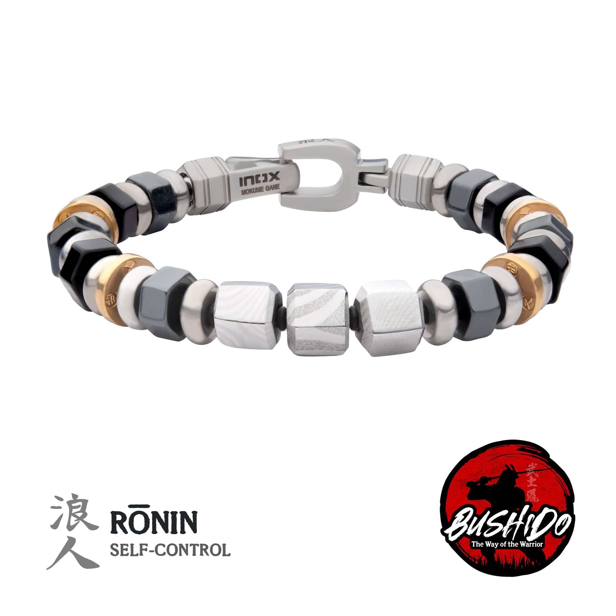 Mokume Gane, Hematite and Onyx Beads Bushido Virtue Bracelet