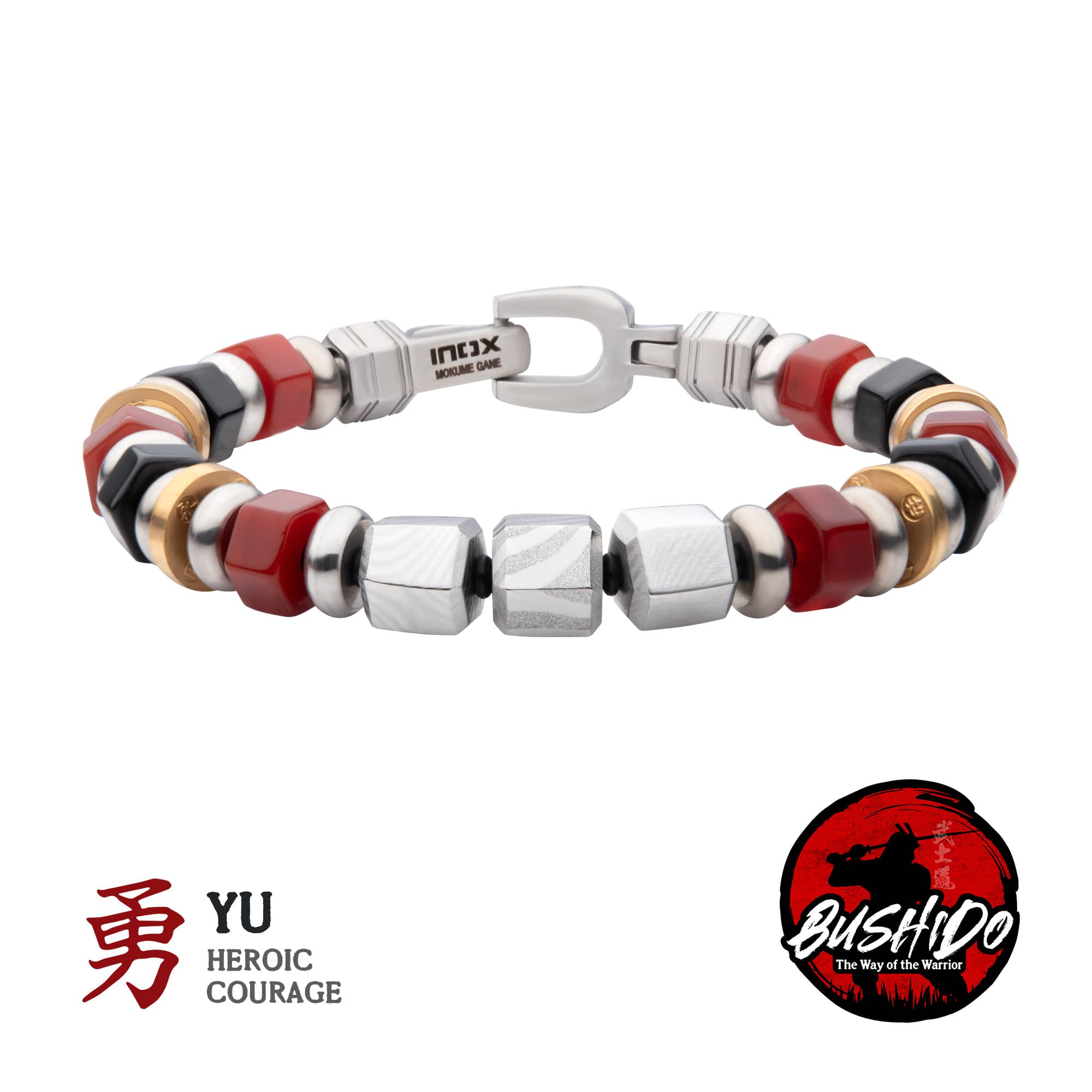 Mokume Gane, Red Agate and Onyx Beads Bushido Virtue Bracelet