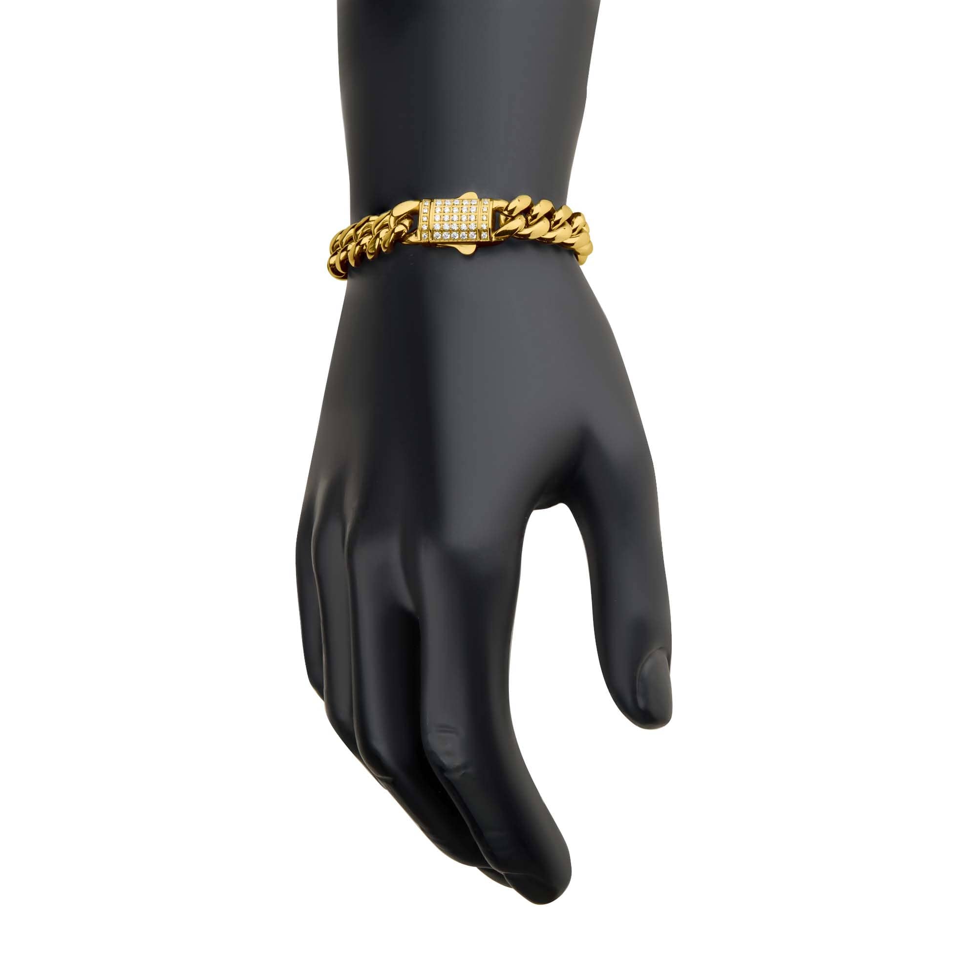 Men's Stainless Steel 18K Gold IP 10mm Miami Cuban Chain Bracelet with 25pcs 1.5mm+ 10pcs 1.2mm CNC Precision Set CZ Double Tab Box Clasp - Image 2