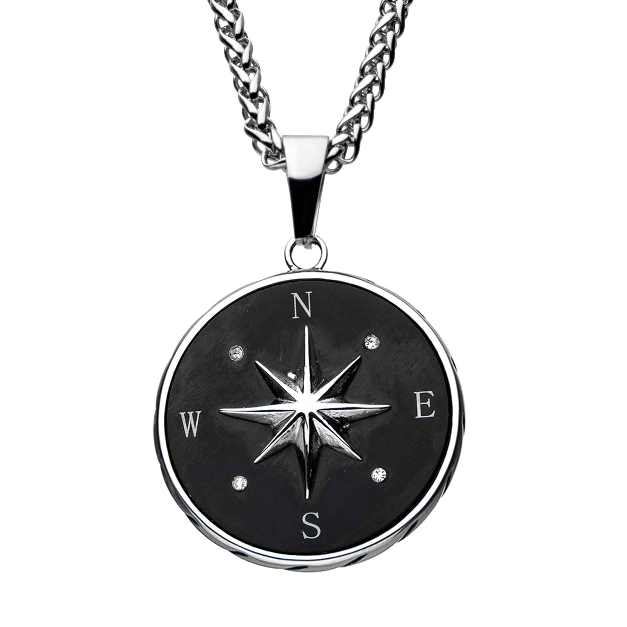 Men's Stainless Steel and Black IP Engravable Compass Pendant with Long Steel Wheat Chain